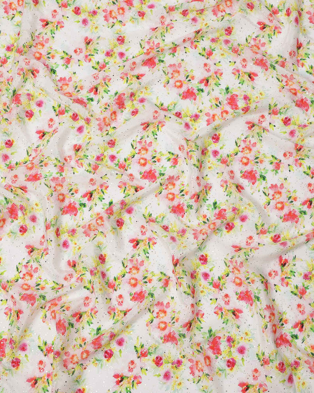 قماش كريب فيسكوز بطباعة رقمية بألوان مائية وزهور متعددة الألوان، قاعدة بيضاء، عرض 110 سم، صنع في الهند - D23630
