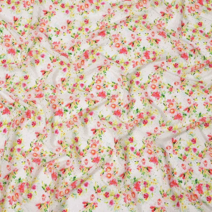 قماش كريب فيسكوز بطباعة رقمية بألوان مائية وزهور متعددة الألوان، قاعدة بيضاء، عرض 110 سم، صنع في الهند - D23630