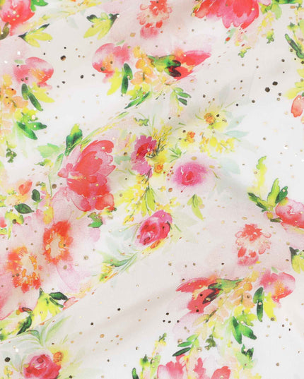 قماش كريب فيسكوز بطباعة رقمية بألوان مائية وزهور متعددة الألوان، قاعدة بيضاء، عرض 110 سم، صنع في الهند - D23630