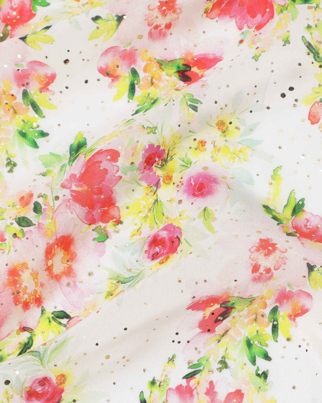 قماش كريب فيسكوز بطباعة رقمية بألوان مائية وزهور متعددة الألوان، قاعدة بيضاء، عرض 110 سم، صنع في الهند - D23630