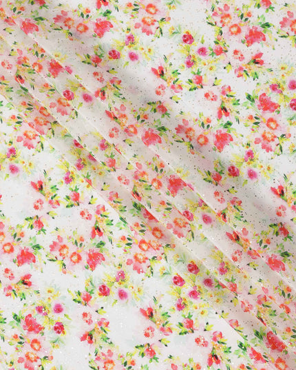 قماش كريب فيسكوز بطباعة رقمية بألوان مائية وزهور متعددة الألوان، قاعدة بيضاء، عرض 110 سم، صنع في الهند - D23630