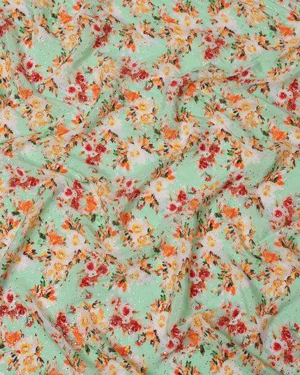Mint Green Base Multicolor Floral Watercolor Digital Print Viscose Crepe Fabric, 110 Cms Width, Made in India-D23631