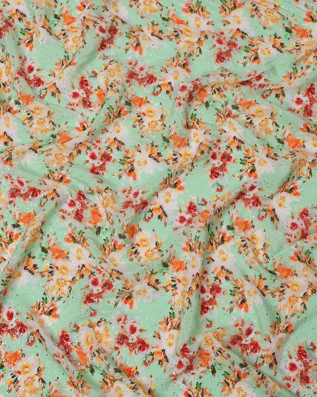 قماش كريب فيسكوز بطباعة رقمية متعددة الألوان بقاعدة خضراء نعناعية، عرض 110 سم، صنع في الهند - D23631