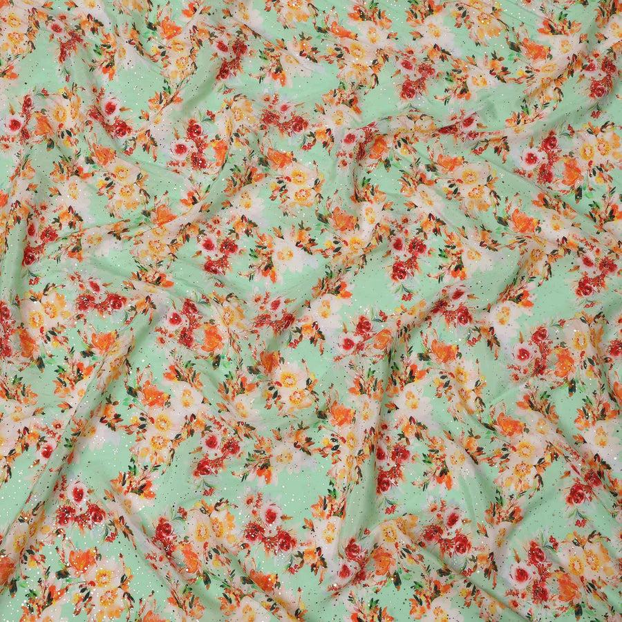Mint Green Base Multicolor Floral Watercolor Digital Print Viscose Crepe Fabric, 110 Cms Width, Made in India-D23631
