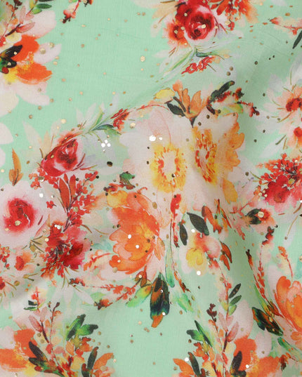 Mint Green Base Multicolor Floral Watercolor Digital Print Viscose Crepe Fabric, 110 Cms Width, Made in India-D23631