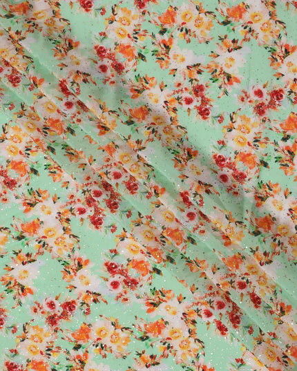Mint Green Base Multicolor Floral Watercolor Digital Print Viscose Crepe Fabric, 110 Cms Width, Made in India-D23631