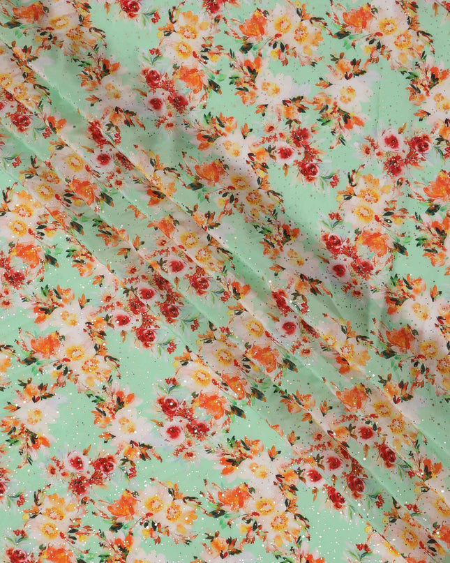 قماش كريب فيسكوز بطباعة رقمية متعددة الألوان بقاعدة خضراء نعناعية، عرض 110 سم، صنع في الهند - D23631