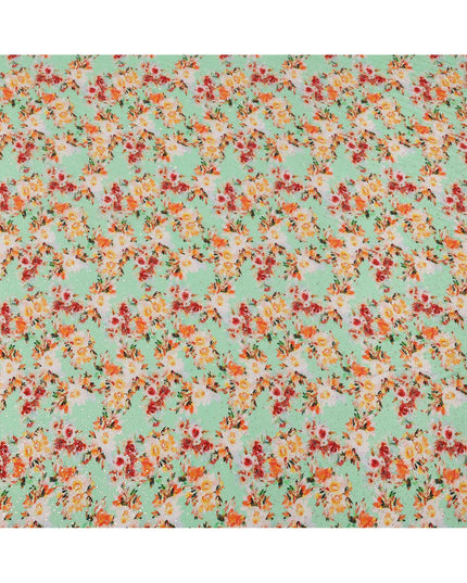 Mint Green Base Multicolor Floral Watercolor Digital Print Viscose Crepe Fabric, 110 Cms Width, Made in India-D23631