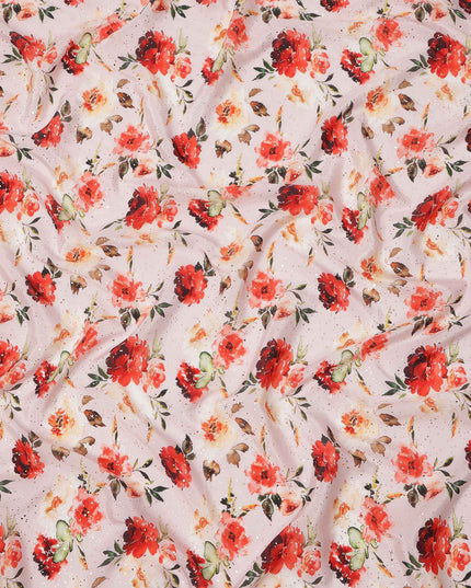 Blush Pink Base Red Floral Watercolor Digital Print Viscose Crepe Fabric, 110 Cms Width, Made in India-D23632