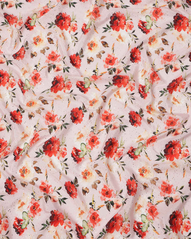 قماش كريب فيسكوز بطباعة رقمية بألوان مائية وزهور حمراء بقاعدة وردية خدود، عرض 110 سم، صنع في الهند - D23632