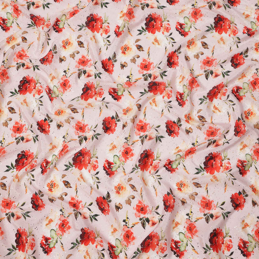 Blush Pink Base Red Floral Watercolor Digital Print Viscose Crepe Fabric, 110 Cms Width, Made in India-D23632