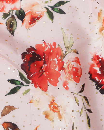 Blush Pink Base Red Floral Watercolor Digital Print Viscose Crepe Fabric, 110 Cms Width, Made in India-D23632