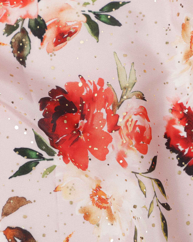 قماش كريب فيسكوز بطباعة رقمية بألوان مائية وزهور حمراء بقاعدة وردية خدود، عرض 110 سم، صنع في الهند - D23632