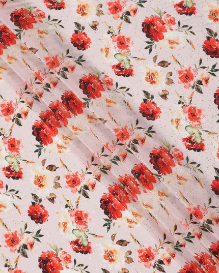 Blush Pink Base Red Floral Watercolor Digital Print Viscose Crepe Fabric, 110 Cms Width, Made in India-D23632