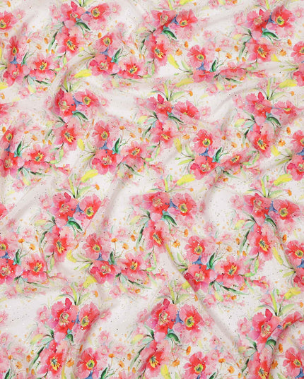 قماش كريب فيسكوز بطباعة رقمية بألوان مائية وزهور وردية بقاعدة بيضاء، عرض 110 سم، صنع في الهند - D23633