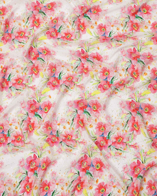 قماش كريب فيسكوز بطباعة رقمية بألوان مائية وزهور وردية بقاعدة بيضاء، عرض 110 سم، صنع في الهند - D23633