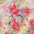 قماش كريب فيسكوز بطباعة رقمية بألوان مائية وزهور وردية بقاعدة بيضاء، عرض 110 سم، صنع في الهند - D23633