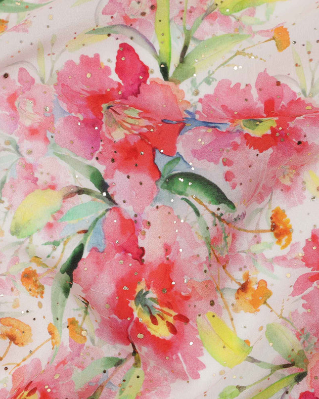 قماش كريب فيسكوز بطباعة رقمية بألوان مائية وزهور وردية بقاعدة بيضاء، عرض 110 سم، صنع في الهند - D23633