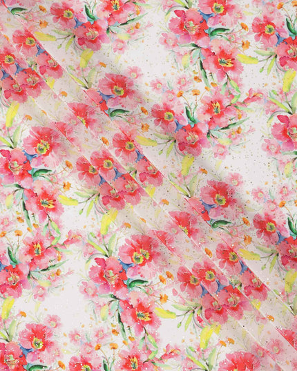 قماش كريب فيسكوز بطباعة رقمية بألوان مائية وزهور وردية بقاعدة بيضاء، عرض 110 سم، صنع في الهند - D23633