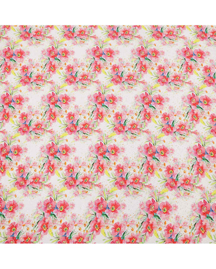 قماش كريب فيسكوز بطباعة رقمية بألوان مائية وزهور وردية بقاعدة بيضاء، عرض 110 سم، صنع في الهند - D23633
