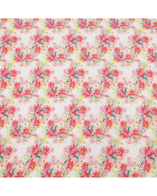 قماش كريب فيسكوز بطباعة رقمية بألوان مائية وزهور وردية بقاعدة بيضاء، عرض 110 سم، صنع في الهند - D23633