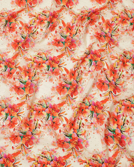 Cream Base Orange Floral Watercolor Digital Print Viscose Crepe Fabric, 110 Cms Width, Made in India-D23634