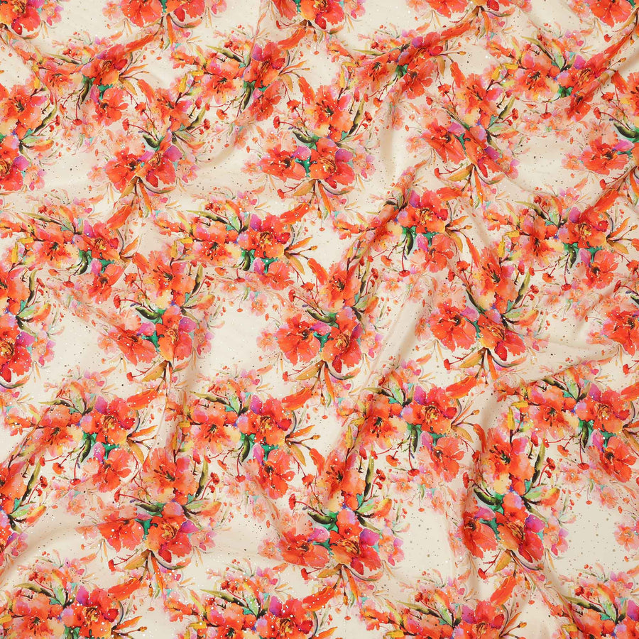 Cream Base Orange Floral Watercolor Digital Print Viscose Crepe Fabric, 110 Cms Width, Made in India-D23634