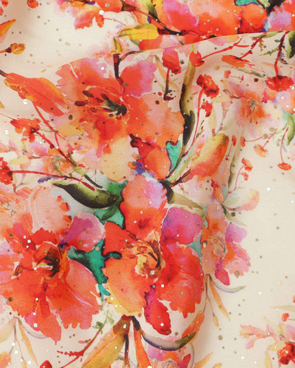 Cream Base Orange Floral Watercolor Digital Print Viscose Crepe Fabric, 110 Cms Width, Made in India-D23634