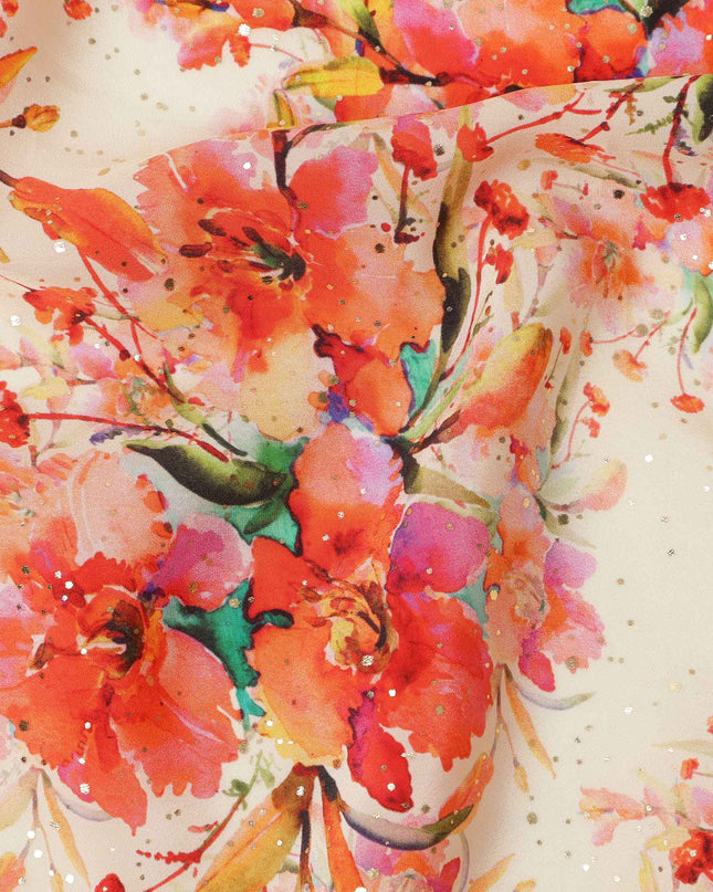 قماش كريب فيسكوز بطباعة رقمية بألوان مائية وزهرية برتقالية، قاعدة كريمية، عرض 110 سم، صنع في الهند - D23634