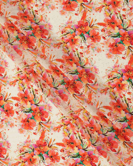 Cream Base Orange Floral Watercolor Digital Print Viscose Crepe Fabric, 110 Cms Width, Made in India-D23634
