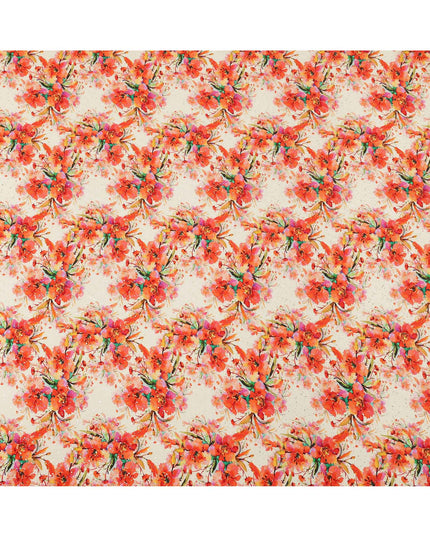 Cream Base Orange Floral Watercolor Digital Print Viscose Crepe Fabric, 110 Cms Width, Made in India-D23634