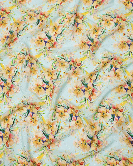 قماش كريب فيسكوز بطباعة رقمية بألوان مائية وزهور صفراء بقاعدة زرقاء سماوية، عرض 110 سم، صنع في الهند - D23635