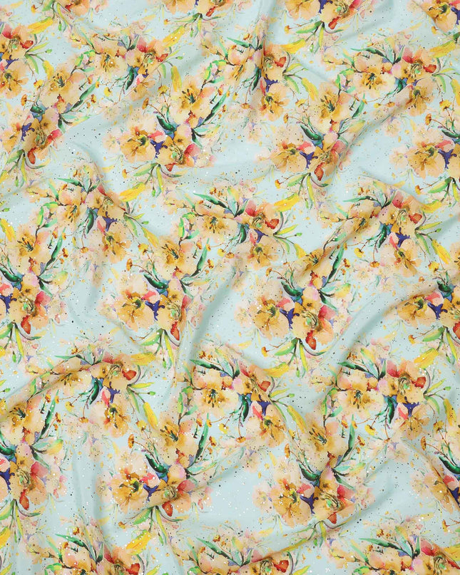 قماش كريب فيسكوز بطباعة رقمية بألوان مائية وزهور صفراء بقاعدة زرقاء سماوية، عرض 110 سم، صنع في الهند - D23635