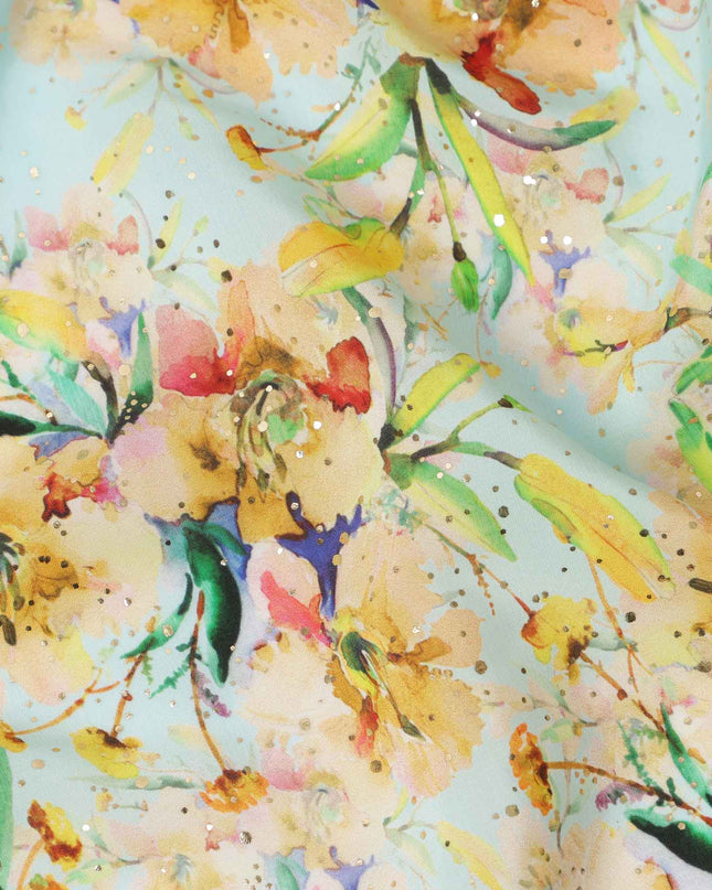 قماش كريب فيسكوز بطباعة رقمية بألوان مائية وزهور صفراء بقاعدة زرقاء سماوية، عرض 110 سم، صنع في الهند - D23635