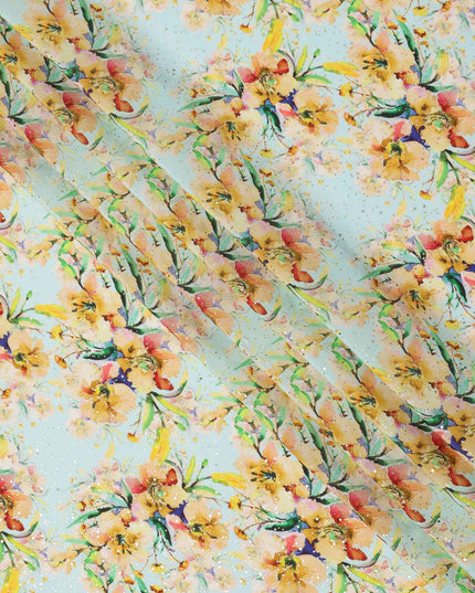 قماش كريب فيسكوز بطباعة رقمية بألوان مائية وزهور صفراء بقاعدة زرقاء سماوية، عرض 110 سم، صنع في الهند - D23635