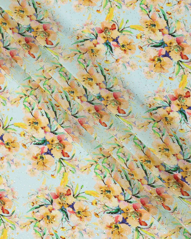 قماش كريب فيسكوز بطباعة رقمية بألوان مائية وزهور صفراء بقاعدة زرقاء سماوية، عرض 110 سم، صنع في الهند - D23635