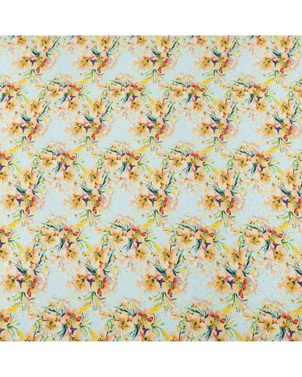 قماش كريب فيسكوز بطباعة رقمية بألوان مائية وزهور صفراء بقاعدة زرقاء سماوية، عرض 110 سم، صنع في الهند - D23635