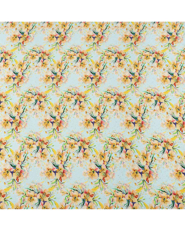 قماش كريب فيسكوز بطباعة رقمية بألوان مائية وزهور صفراء بقاعدة زرقاء سماوية، عرض 110 سم، صنع في الهند - D23635