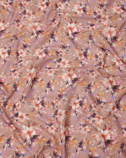 Dusty Brown Base Multicolor Floral Digital Printed Cotton Lawn Fabric, 110 Cms Width, Made in India-D23636