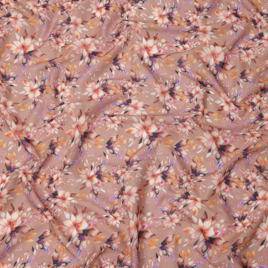 Dusty Brown Base Multicolor Floral Digital Printed Cotton Lawn Fabric, 110 Cms Width, Made in India-D23636