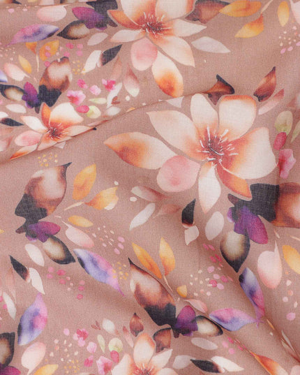 Dusty Brown Base Multicolor Floral Digital Printed Cotton Lawn Fabric, 110 Cms Width, Made in India-D23636