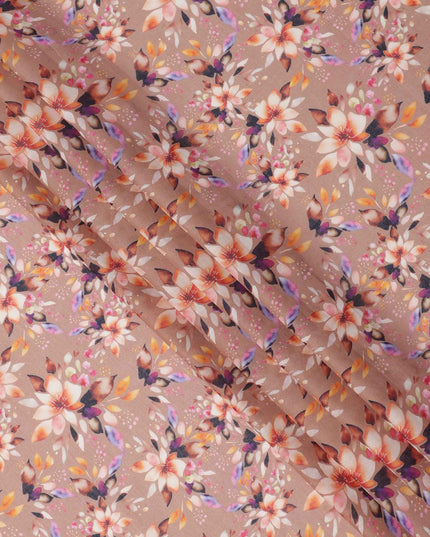 Dusty Brown Base Multicolor Floral Digital Printed Cotton Lawn Fabric, 110 Cms Width, Made in India-D23636