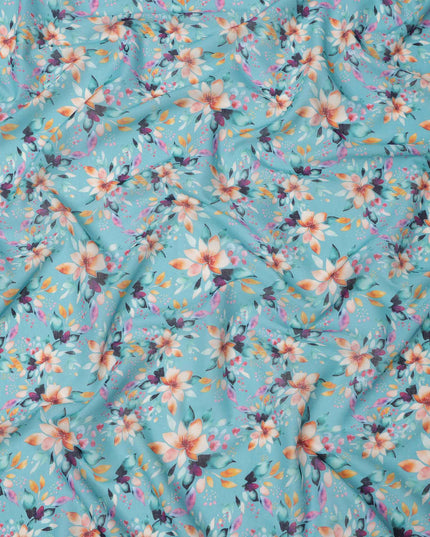 Turquoise Blue Base Peach Floral Digital Printed Cotton Lawn Fabric, 110 Cms Width, Made in India-D23637