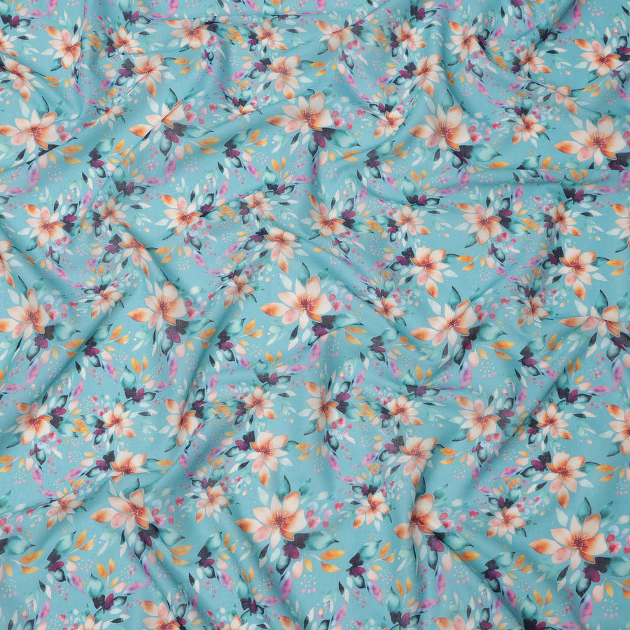Turquoise Blue Base Peach Floral Digital Printed Cotton Lawn Fabric, 110 Cms Width, Made in India-D23637