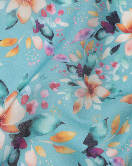 Turquoise Blue Base Peach Floral Digital Printed Cotton Lawn Fabric, 110 Cms Width, Made in India-D23637