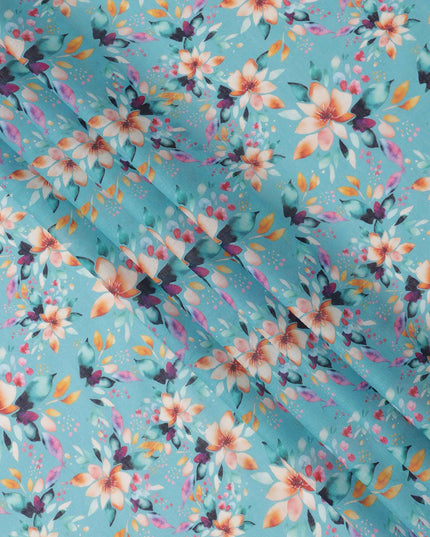 Turquoise Blue Base Peach Floral Digital Printed Cotton Lawn Fabric, 110 Cms Width, Made in India-D23637