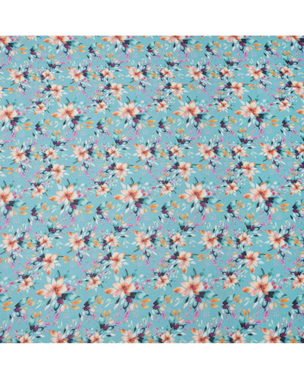Turquoise Blue Base Peach Floral Digital Printed Cotton Lawn Fabric, 110 Cms Width, Made in India-D23637