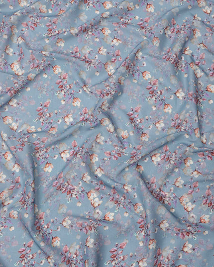Muted Blue Base Mauve Rose Floral Digital Printed Cotton Lawn Fabric, 110 Cms Width, Made in India-D23638