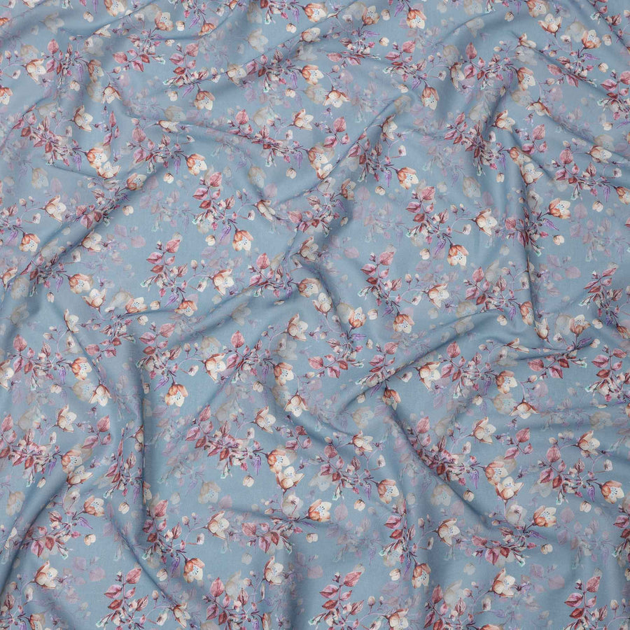 Muted Blue Base Mauve Rose Floral Digital Printed Cotton Lawn Fabric, 110 Cms Width, Made in India-D23638