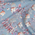 Muted Blue Base Mauve Rose Floral Digital Printed Cotton Lawn Fabric, 110 Cms Width, Made in India-D23638
